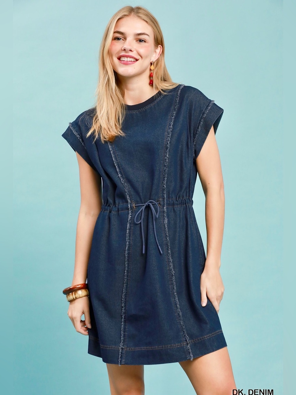 🩵Hello Gorgeous! Umgee Drawstring Waist Frayed Denim Mini Dress-Dark Wash